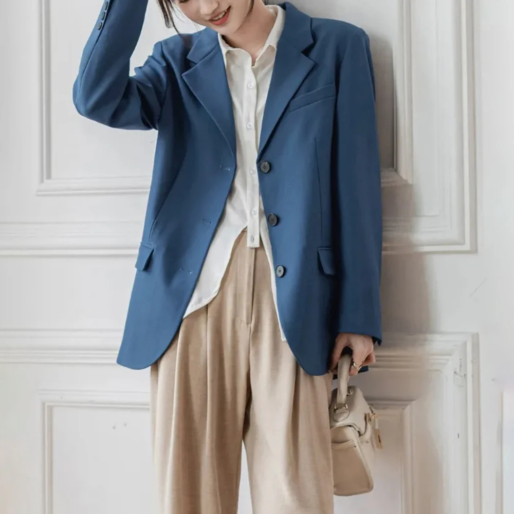 Женский офисный пиджак с английским воротником, элегантный повседневный свободный пиджак, однотонный деловой пиджак, весна 2023
