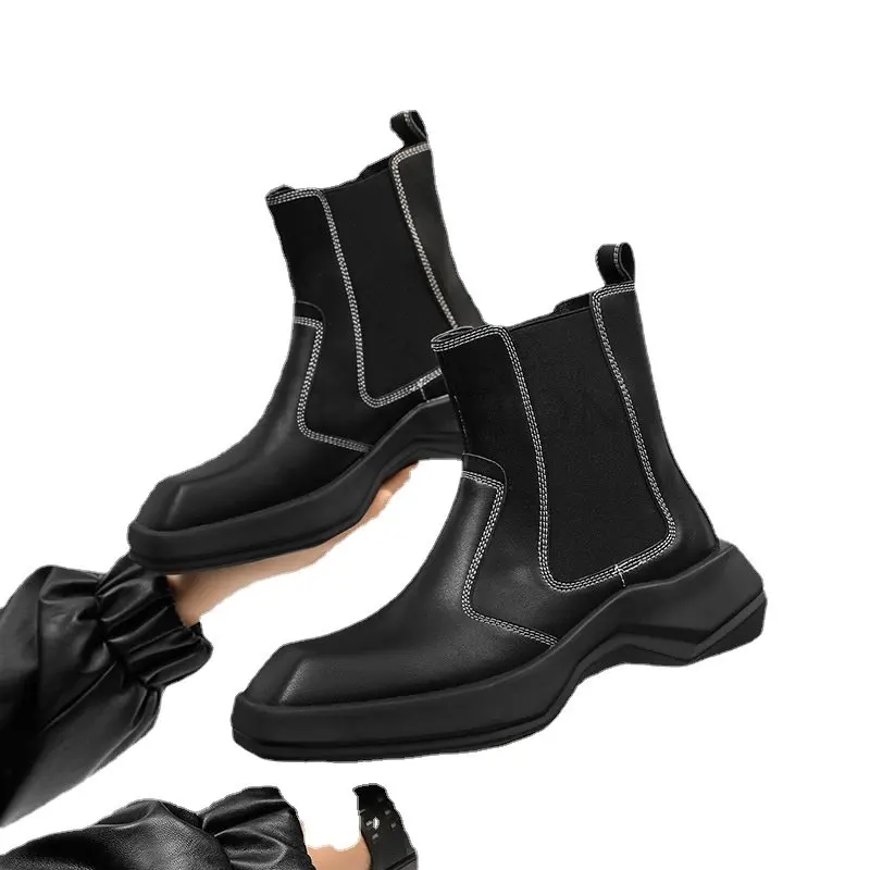 

Split Leather Platform Ankle Boots for Men Fashion Sqaure Toe Chelsea Boots Male Slip on Motorcycle Boots Handsome Streetwear