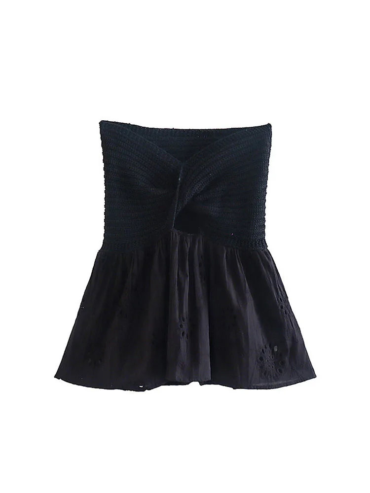

YLJHQX 2022 Summer Women Fashion Stitching Hollow Knit Top Vintage Sleeveless Off-the-shoulder Female ChicTops