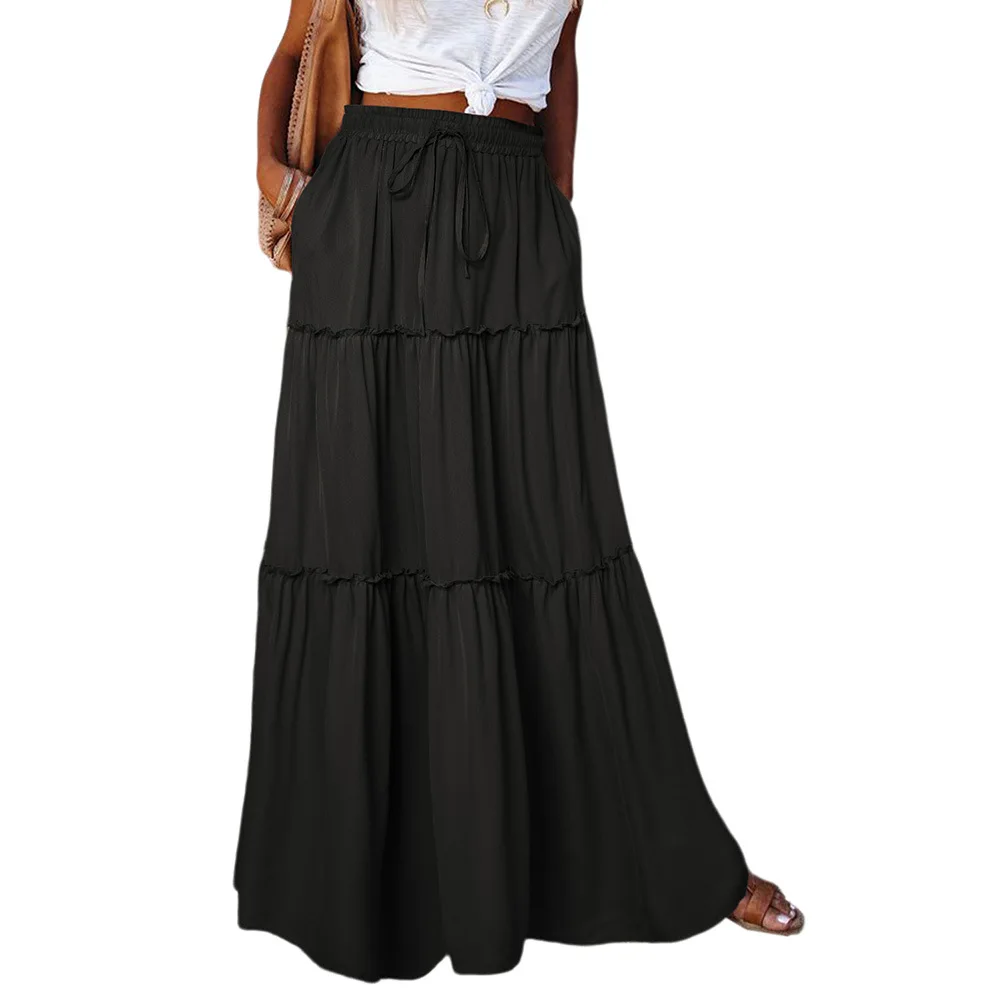 

High Waist Elastic Drawstring Long Maxi Skirt for Women Casual Solid Color Summer High Street A-Line Skirt Femme