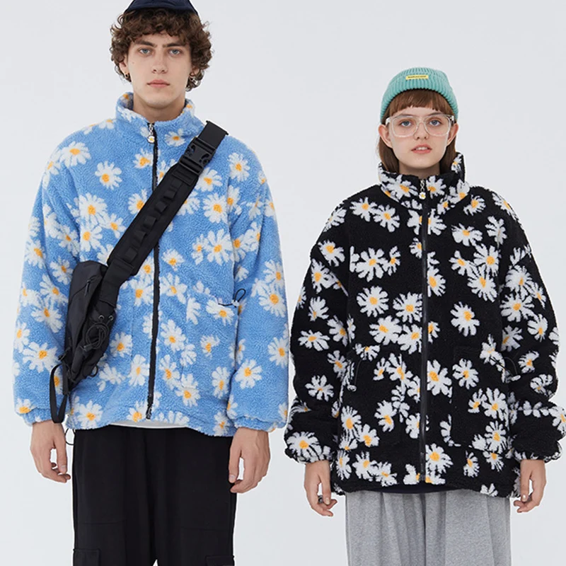 New Hip Hop Style Daisy Print Fleece Warm Full Zip Coats Fashion Harajuku Outwear Cotton Padded Thick Parkas Jackets Streetwear