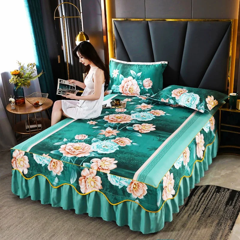 

1PCS Bedspread For 1.5/1.8/2M King/Queen Size Bed Sexy Flower Print Beddress Sheets Non-Slip Cover Flat Sheet Home Bedding