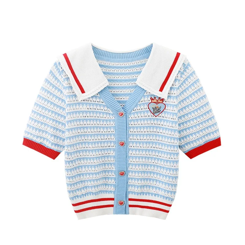 Женский однобортный вязаный кардиган в полоску с коротким рукавом и матросским