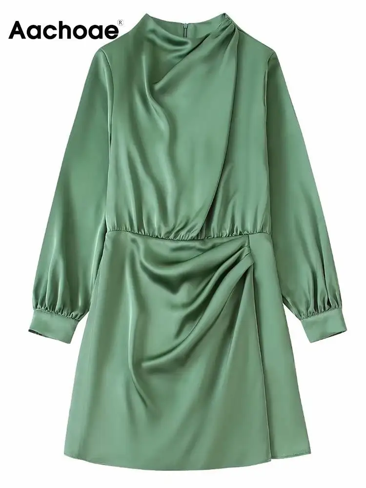 Aachoae Women Fashion Solid Color Mini Dress Casual Stand Collar Long Sleeve A Line Dress Ladies Elegant Dress Mujer Vestidos