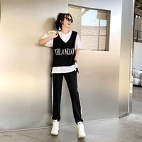 467casual sports suit female summer slim student fake two piece t shirt long pant two piece outfits suit y2k harajuku clothing