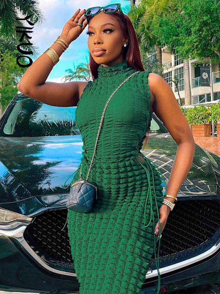 

YIKUO Women Bodycon Dress Midi Hollow Out Summer Green Y2K Sleeveless Sexy Dresses Party Bandage 2022 Club Stacked Elegant