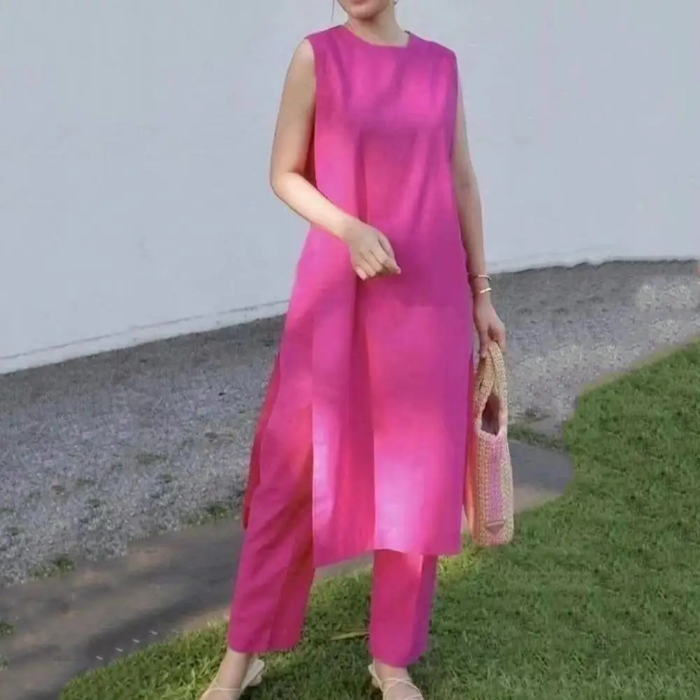 

Pockets 2 Pcs/Set Pretty Pure Color Sleeveless Summer Top Pants Suit Plus Size Top Pants Suit Soft Daily Clothes