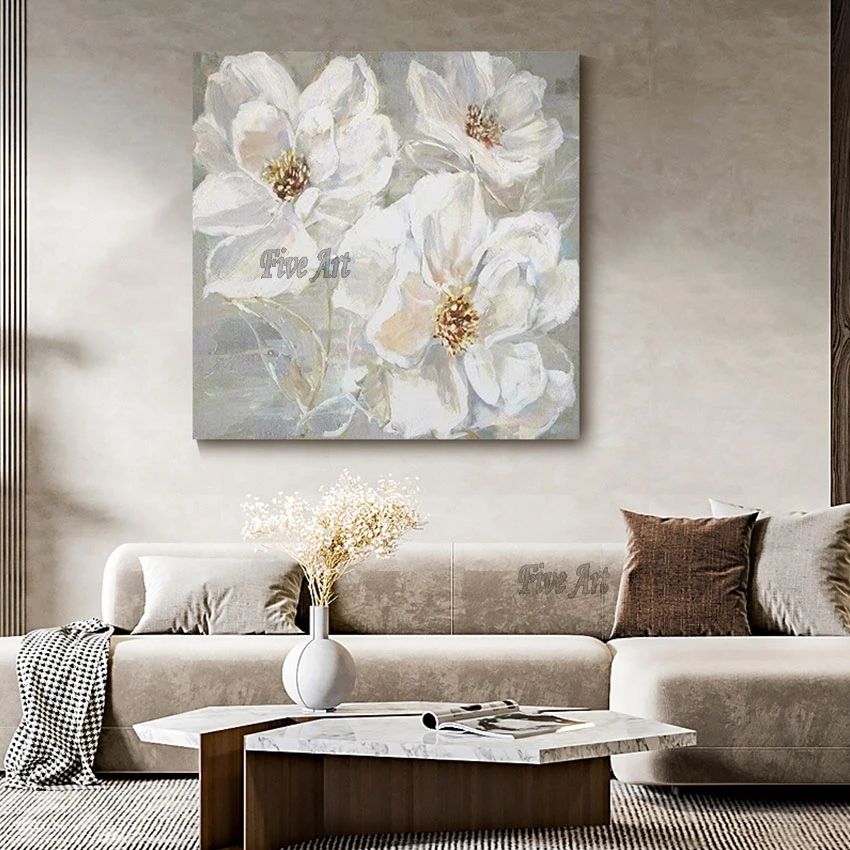 

Wall Picture Modern Art White Simple Acrylic Abstract Designs Flower Oil Painting Frameless Home Interior Decoration Accessories