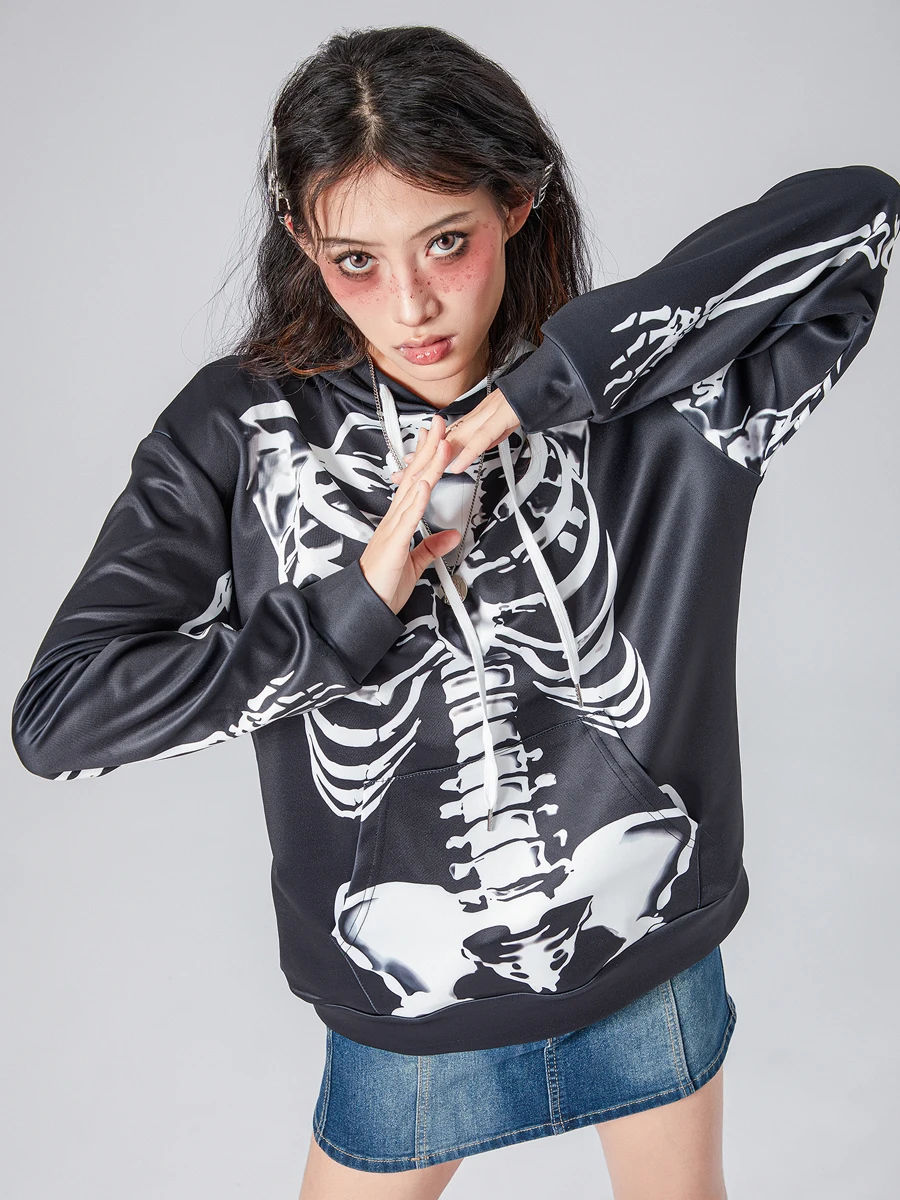 

Vintage Gothic Oversized Hoodies for Women Y2K Skeleton Graphic Sweatshirts with Drawstring Casual Grunge Jackets Featuring