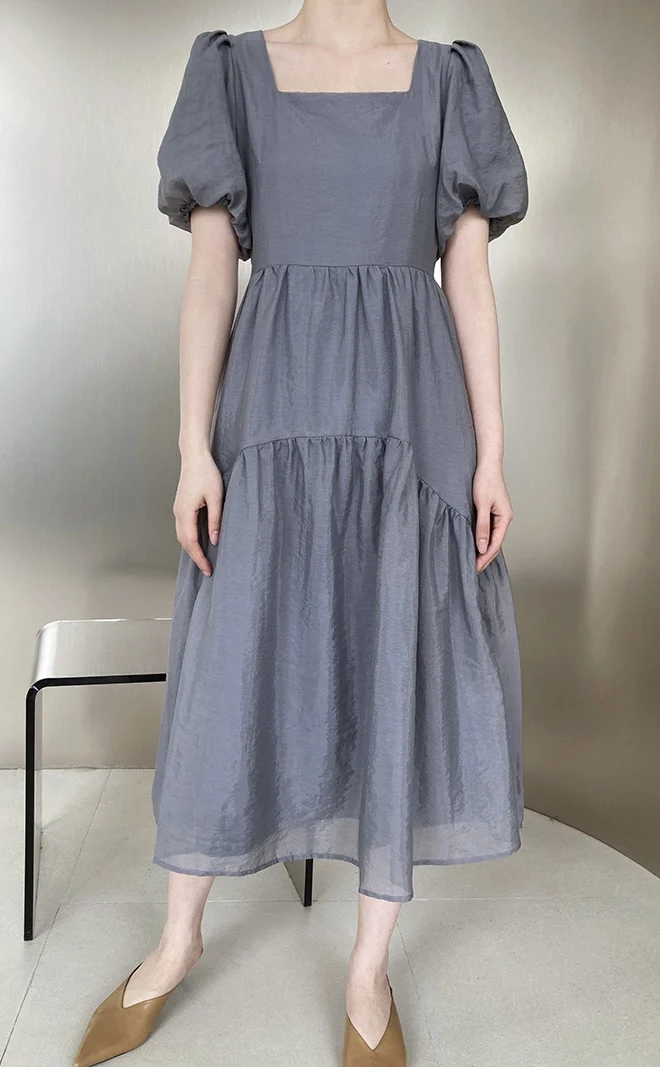

2023 Spring/Summer Fashion New Women's Clothing Square Collar Stitching Big Swing Dress 0801
