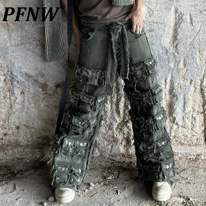PFNW Autumn Winter Men's Baggy Pockets Patchwork Cargo Pants Fashion Tide Youth Straight Vintage Cotton Casual Trousers 12A7241