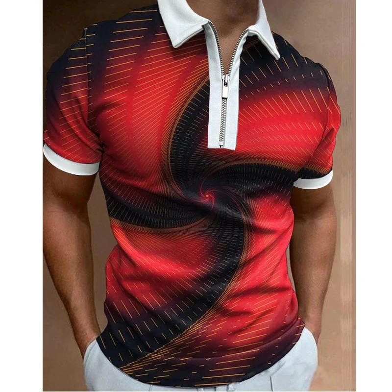 

Fashion Men's Clothes Polo Shirts Business Turn-Down Collar Zipper Golf Wear 3D Print Red Short Sleeve Tee Shirt Men Polos Tops