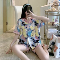 korean brief silk pajamas for women sets print tie dye and letter shorts sets loose sleepwear woman stain pajama summer 2022 new