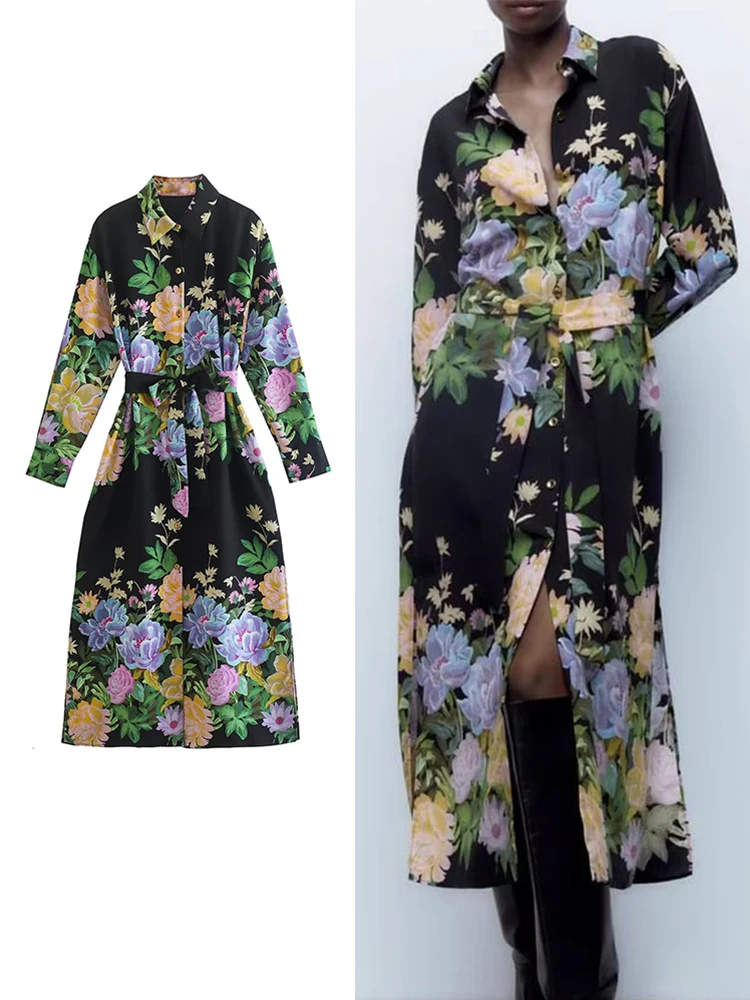 

TRAF Women Floral Print Long Dresses With Belt 2022 Spring Autumn Elegant Turn Down Collar Dress A-line Long Sleeve Vestidos
