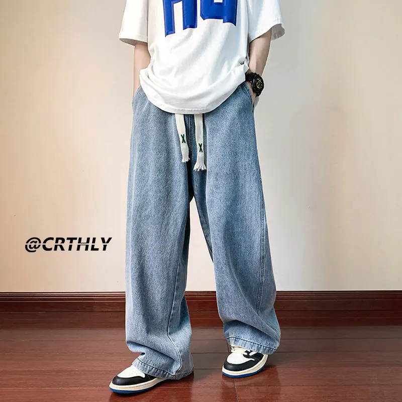 Ripped Casual Men Jeans Pants Straight Wide Leg Harajuku Oversize Streetwear Denim Trousers