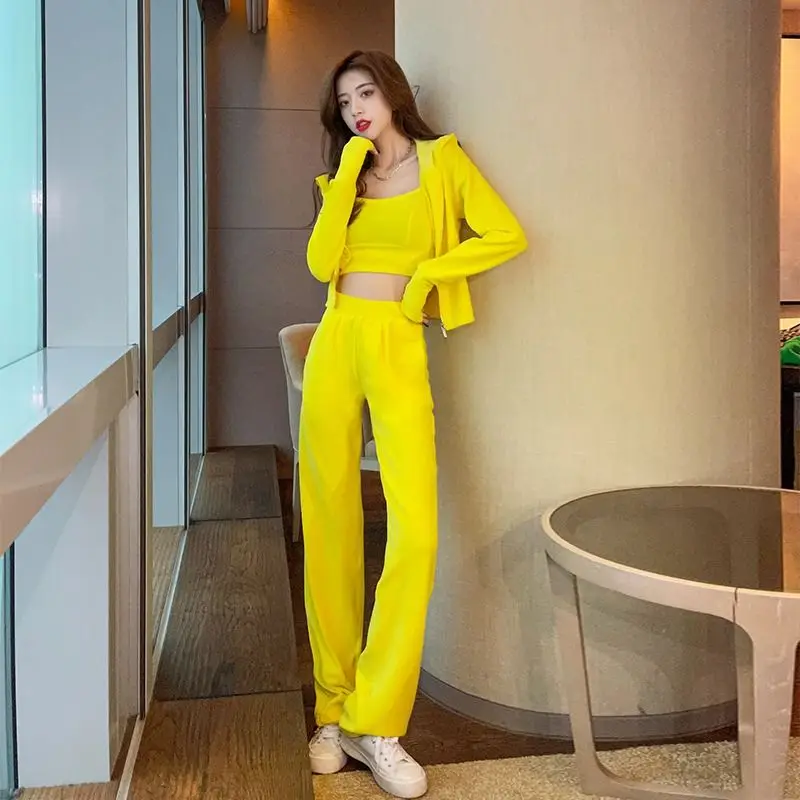 

2022 Women 3PCS Sportwear Elegant Hooded Crop Top Spring Summer Female Suit Fashion Solid Joggers Tracksuit Wide Leg Pants S-XL