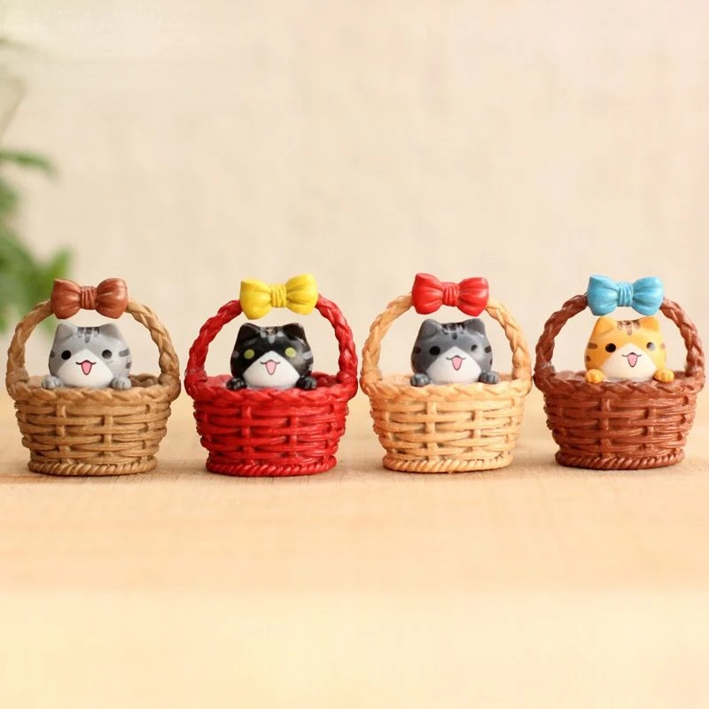 

4Pcs Figurines Miniatures Cute Bamboo Basket Kitten Micro Landscape Ornaments DIY Desktop Decoration Doll Crafts Home Decor