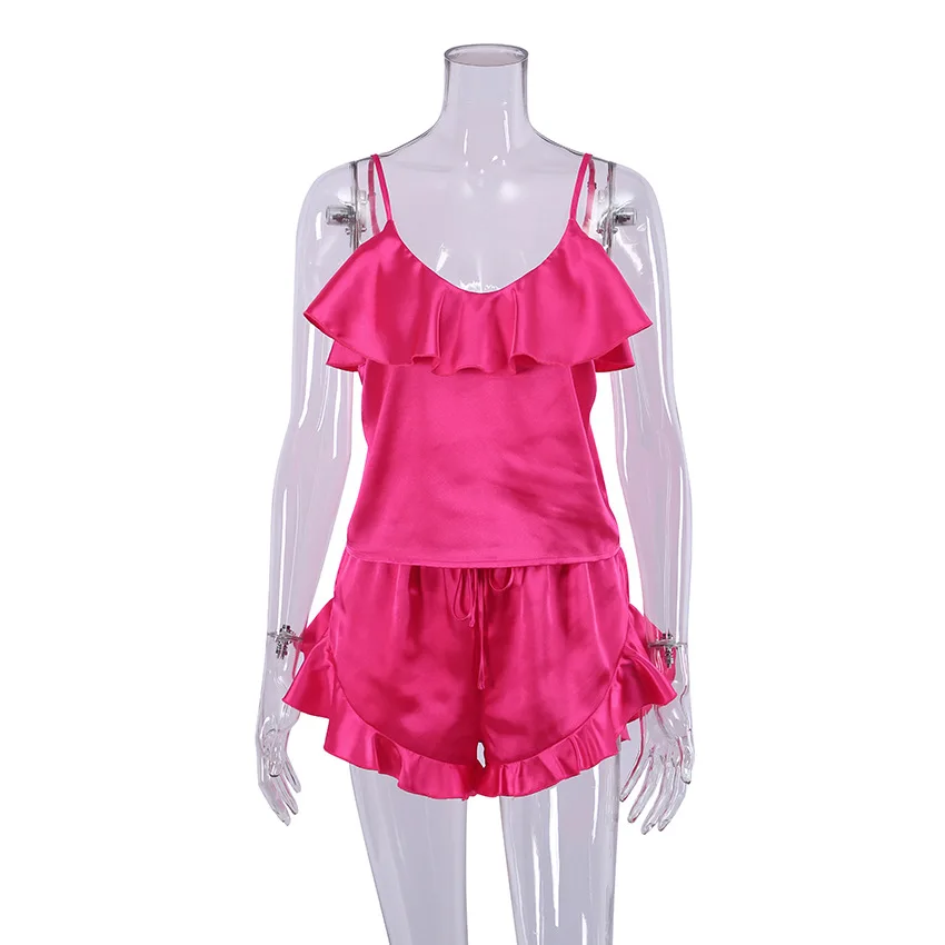 Purple Color Women Sexy Cami Top Pajamas Set Summer Female Pyjamas Shorts Plain Color Satin Sleepwear