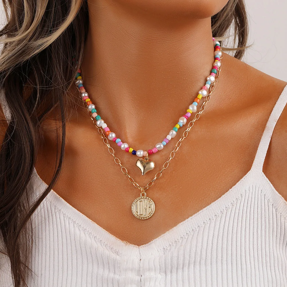 

Double Layer Chain Necklace For Women Color Pendant Love Coin Color Rice Bead Necklace Trending Products