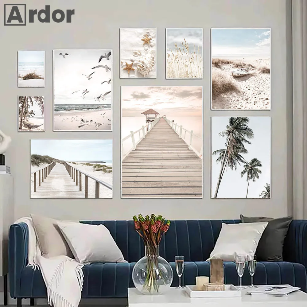 

Sea Birds Bridge Wall Poster Beach Starfish Shell Grass Canvas Painting Palm Coconut Tree Art Print Nordic Pictures Home Decor
