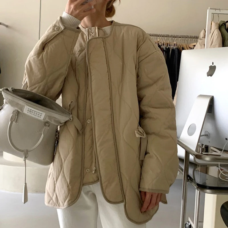 

2023 New Winter Solid Women Coat Office Lady O-Neck Thick Warm Loose Casual Jacket Female Casual Outwear Elegant All-match Tops