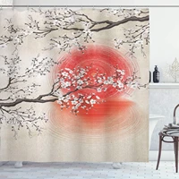 japanese folkloric themed sakura tree polyester fabric bathroom shower curtain set with hooks