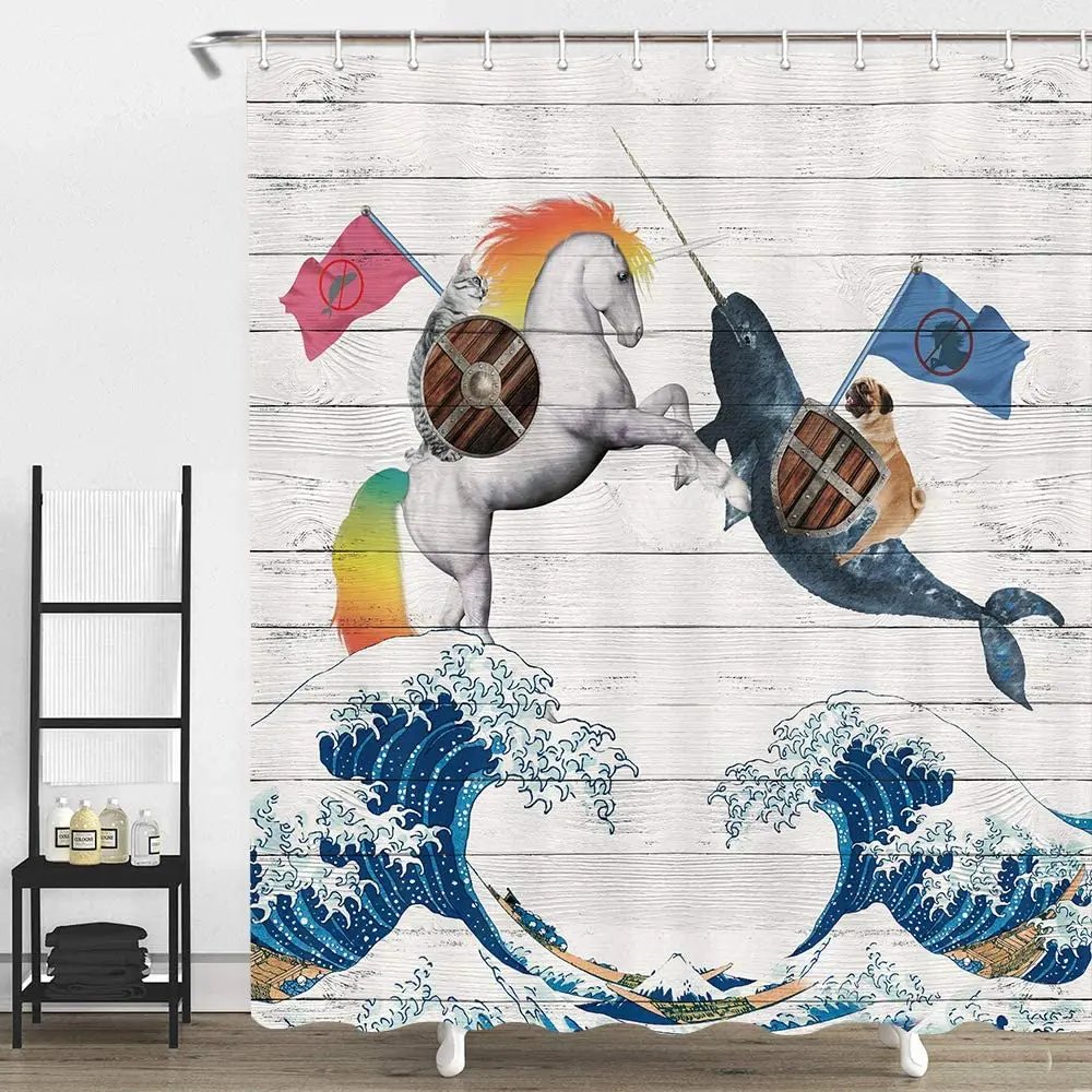 Забавная душевая занавеска для собак и кошек шторка езды на кошке единороге