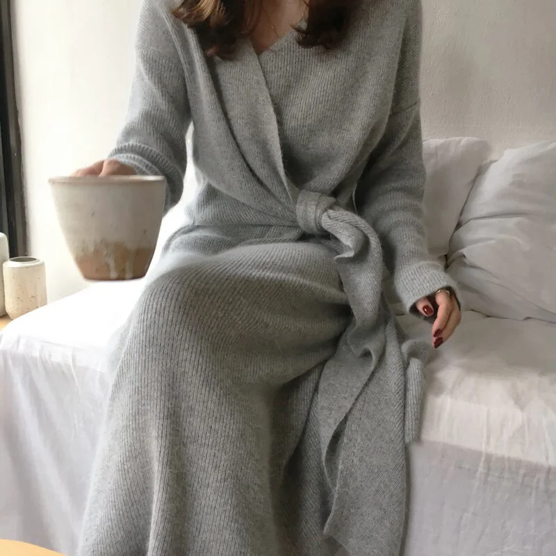

New Korean Belted Long Sweater Sexy V Kneck Cardigan Knitted Dress Autumn Fashion Casual Solid Color Knitwear Elegant Long 2023