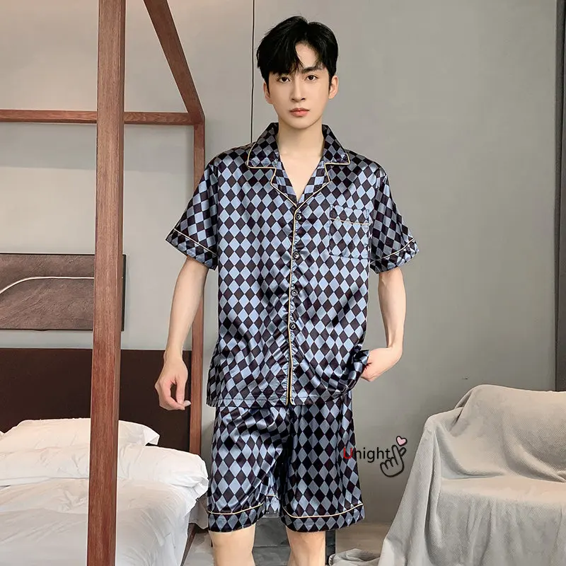 Men Pajama Sets Big Size Lounge Wear Fashion Silk Pajamas Summer Short Pj Set Homewear L-5XL Nightwear Homewear