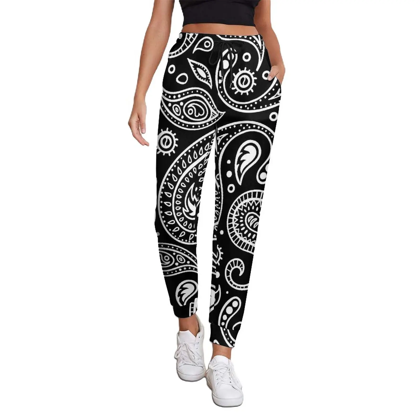 

Paisley Design Jogger Pants Women Black and White Home Sweatpants Autumn Custom Aesthetic Big Size Trousers Gift Idea