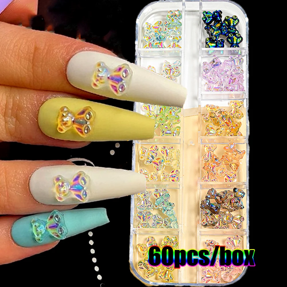 

12 Grids Aurora Bear Nail Art Decoration 6/8/10mm 3D Kawaii Glitter Bear Nail Jewelry Flat-Back Maca Bear Manicure Parts &*&