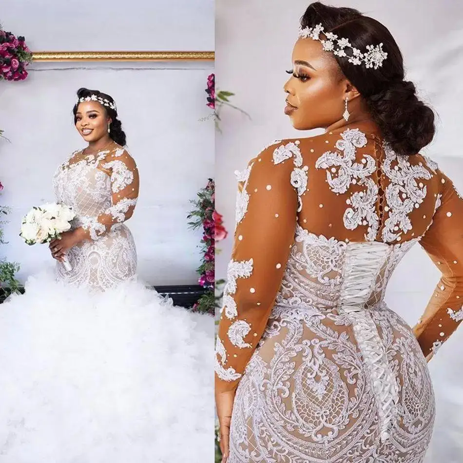 

Plus Size Illusion Long Sleeve Wedding Dresses 2022 Sexy African Nigerian Jewel Neck Lace-up Back Mermaid Applique Bride Gowns