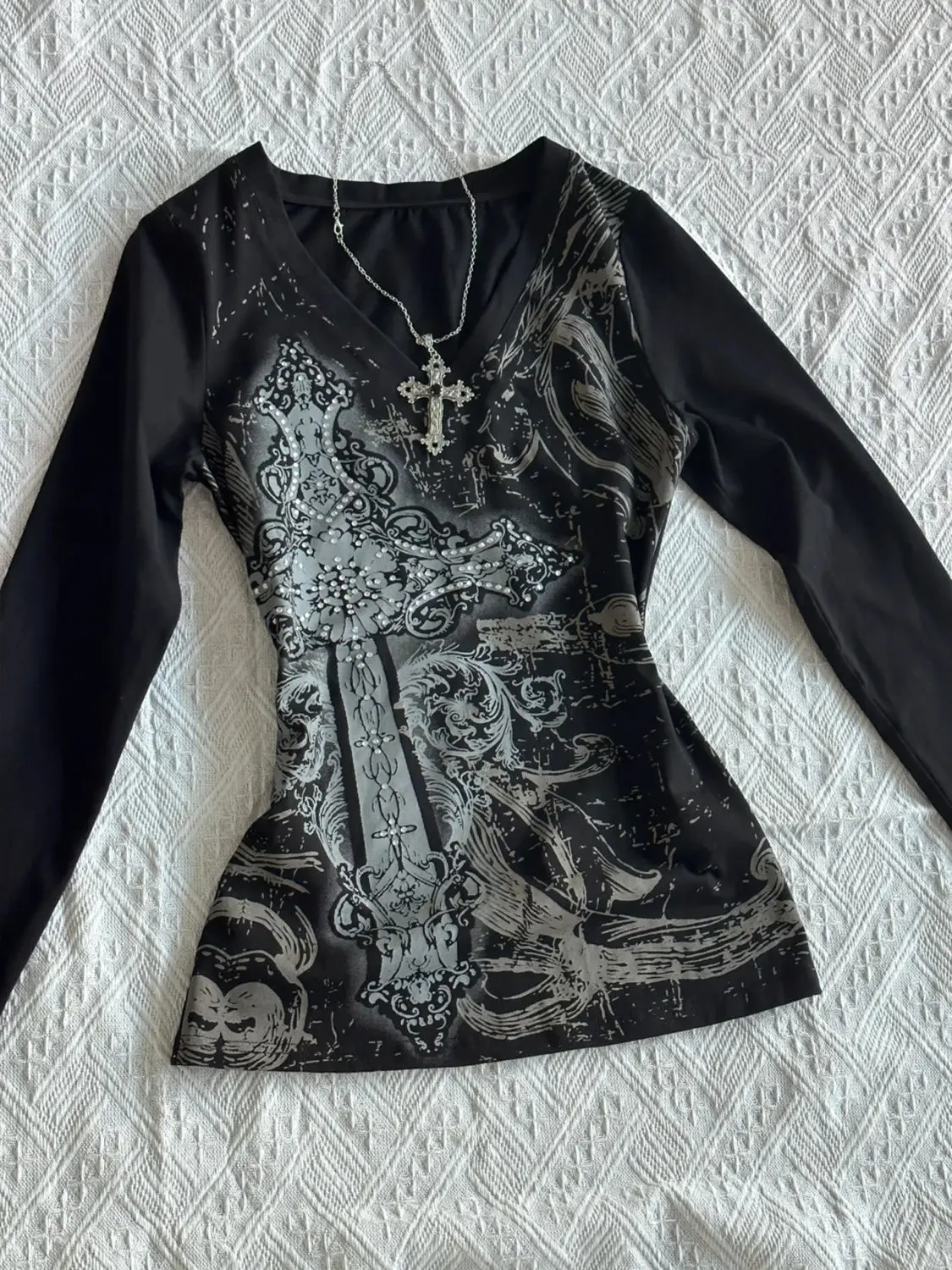 Американский ретро-дизайн черная футболка с принтом тай-дай для женщин осень