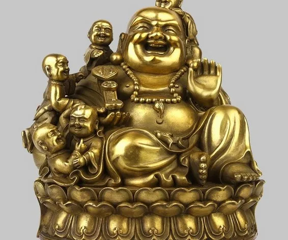 

6inch China Bronze Buddhism Happy Maitreya Buddha Boy Hand Hold Ruyi Statue