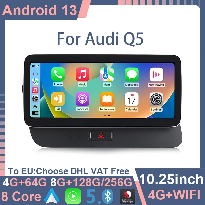 

10.25"/12.5" Qualcomm Android 13 256G GPS Navigation For Audi Q5 2009-2017 Multimedia Video Player Apple Carplay Stereo DSP