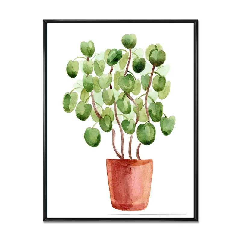

'Abstract Chinese Money Plant In Pot' Traditional Framed Canvas Wall Art Print