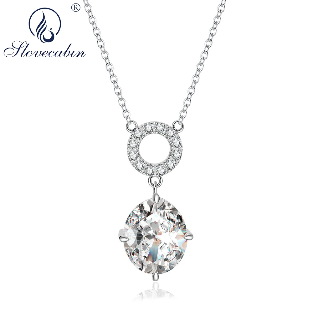 

Slovecabin Original 925 Sterling Silver Oval Pendant With Clear Cubic Zircon Adjustable Necklace For Women Wedding Fine Jewelry