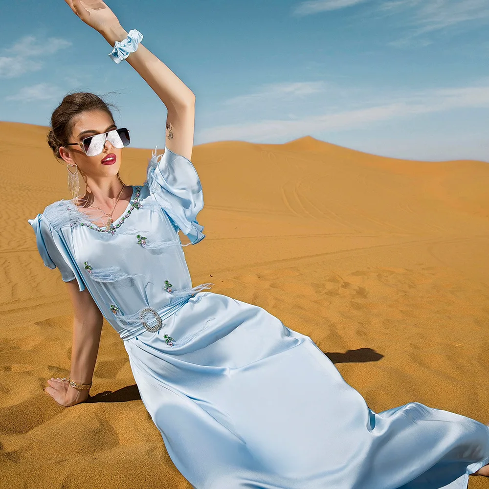 Muslim Long Dress Light Blue Satin Dress Hand Sewn Drill Muslim Style Women Festive Dress Islamic Robe National Dress Abaya Robe