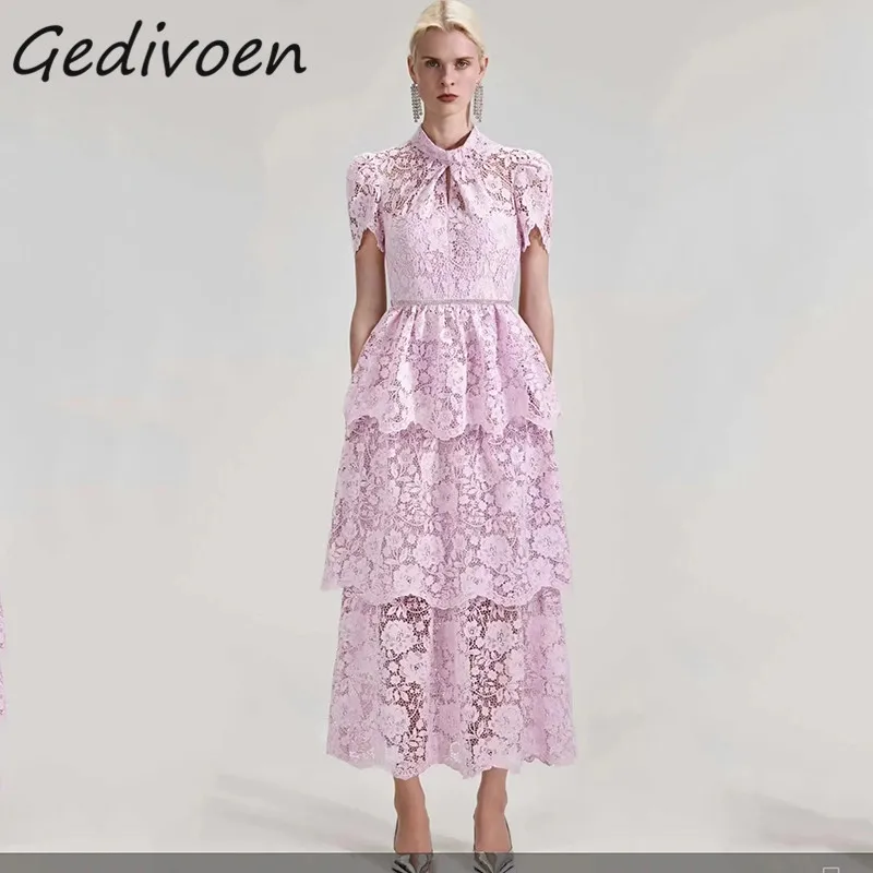 Gedivoen Summer Fashion Designer Elegant Party Ruffles Dress Women Bow Tie Embroidery Hollow Out Diamond Ruched Pink Long Dress