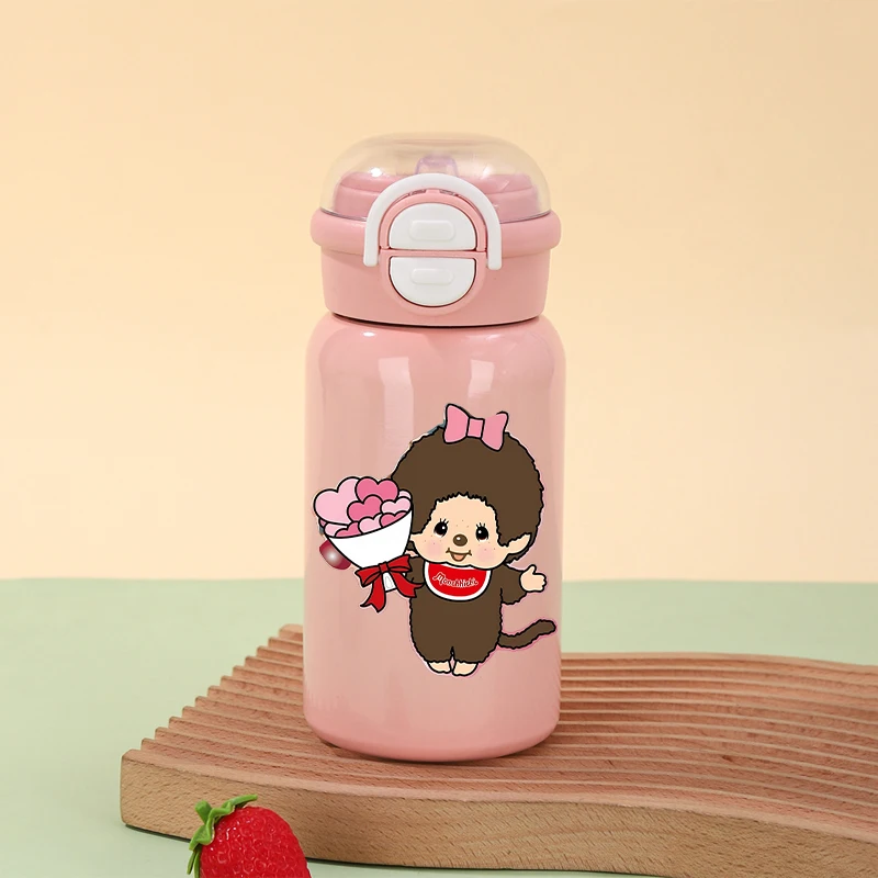 Фото Милая термокружка Monchhichi для девочек, школьная бутылка для воды с соломинкой, женская офисная кофейная кружка, детский зимний уличный термос, подарок для детей №5