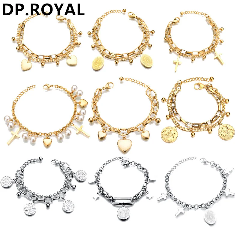 

Stainless Steel Life Tree Bracelet for Women Jewelry B T S Fashion New Style Charm Pearl Crucifix Gold Bracelets Femmel Gift