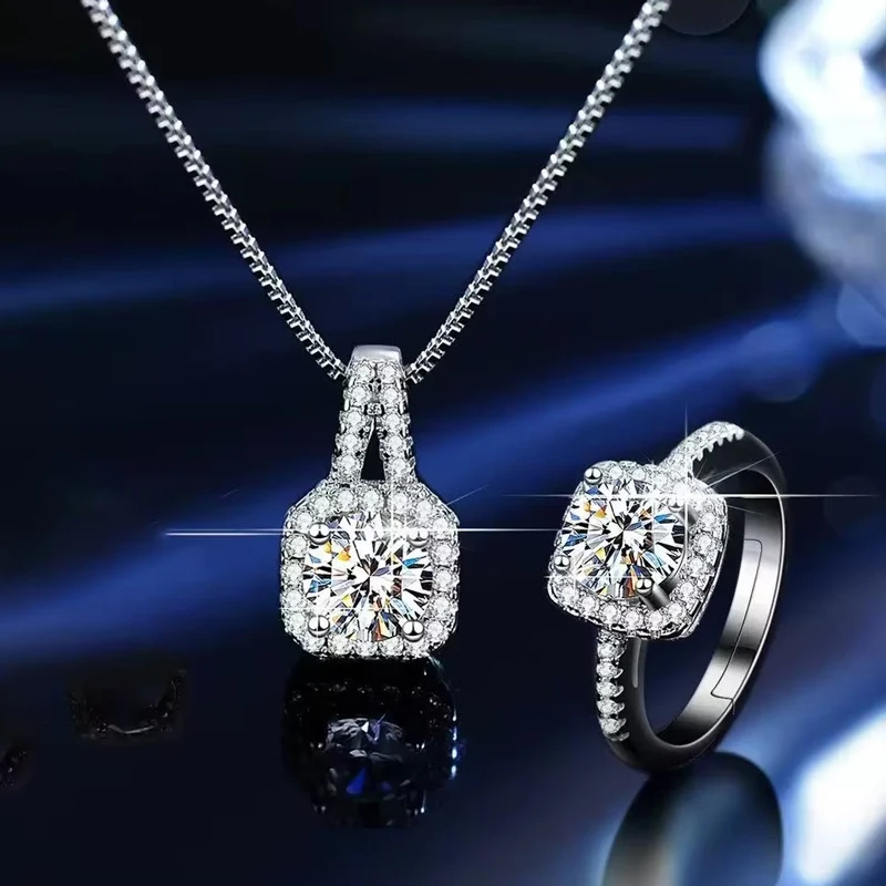 Фото Комплект украшений QMSHR 1CT: колье и серьги из настоящего муассанита, серебро 925 пробы, сертифицированный цвет D, чистота VVS1, роскошный свадебный подарок для женщин №2