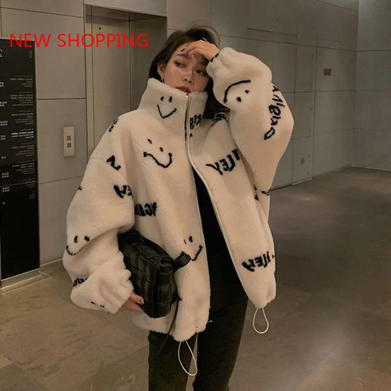 Oversized Faux Fur Woolen Warm Women Jacket Lamb Wool Winter Coat White Black 2022 Korean Chic Kawaii Parkas Stand Collar Coats