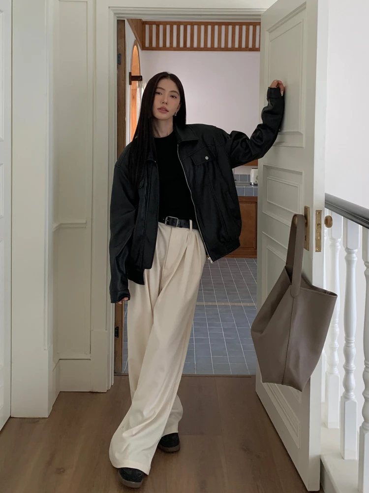 Halo Luu черное кожаное пальто верхняя одежда женская весна и осень 2024 новая