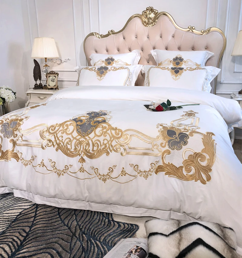 

Роскошный комплект постельного белья 600TC из белого египетского хлопка с золотой вышивкой в европейском дворцовом стиле пододеяльник простыня