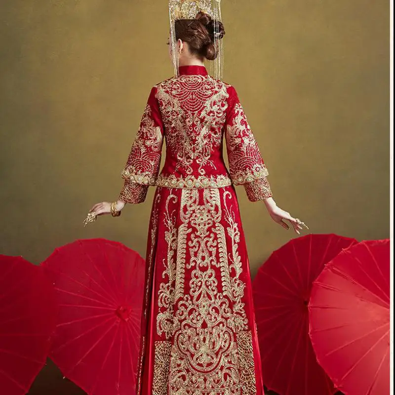 

Традиционное китайское платье Ципао с вышивкой Феникс в стиле ретро, элегантное винтажное свадебное платье для невесты