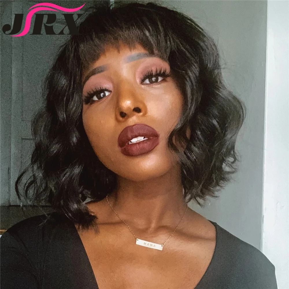 Peruvian Curly Human Hair Wigs with Bangs Short Bob Natural Wave Full Machine Made Wigs for Black Women Remy Fringe Wigs
