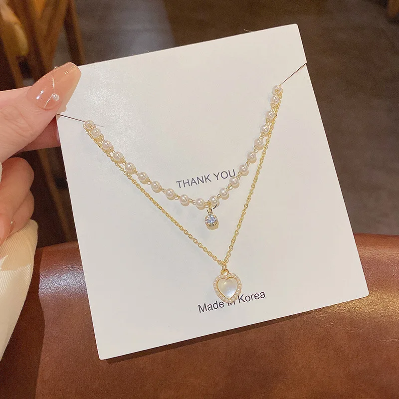

IQPC Light Luxury Small Love Double Titanium Steel Necklace Female Matching Temperament Instagram Red Pearl Clavicle Chain