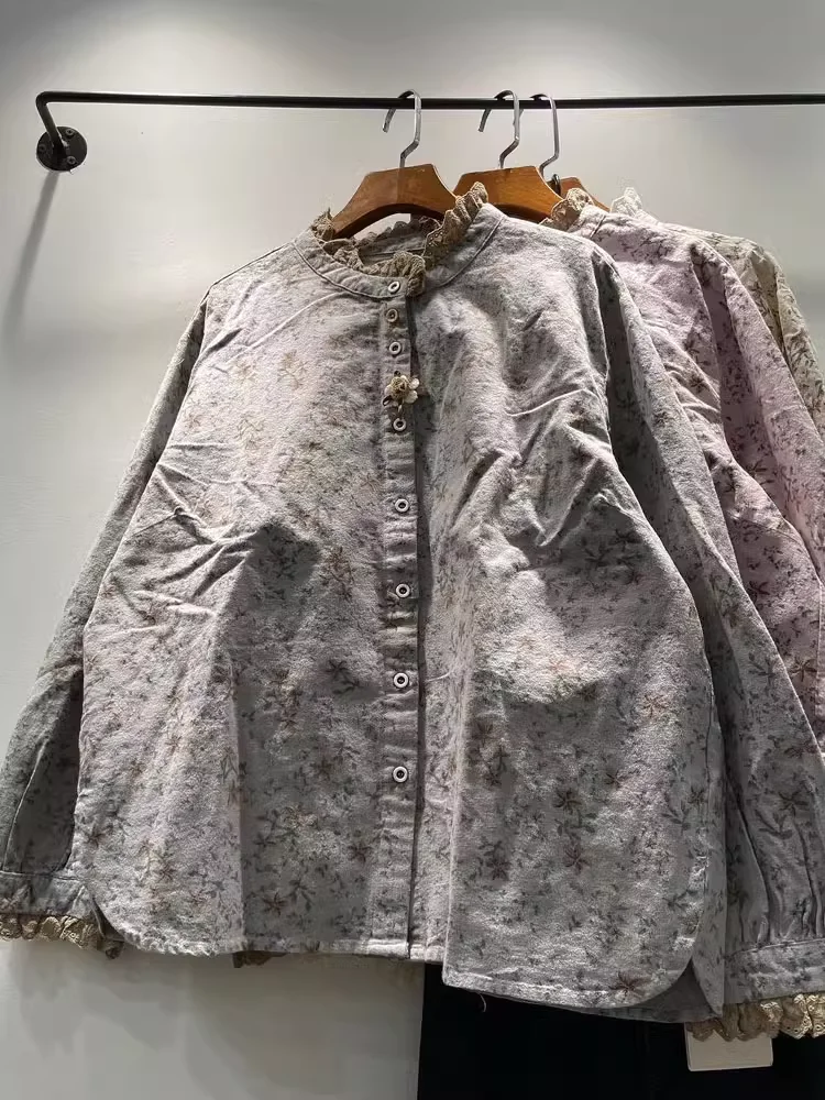 Модные рубашки и блузки Mori Kei 2021 свободные однобортные с кружевным