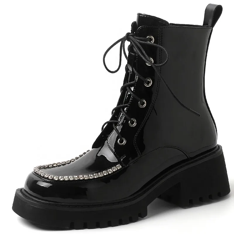 

Dilalula Casual Women Ankle Boots Fashion Rhinestone Square Toe Platforms Thick Heels Genuine Leather Autumn Winter Shoes Woman